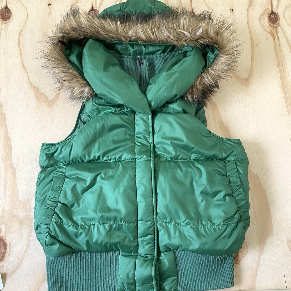 Levis Y2K Green Puffer Vest Faux Fur Hood Women's Size M Medium